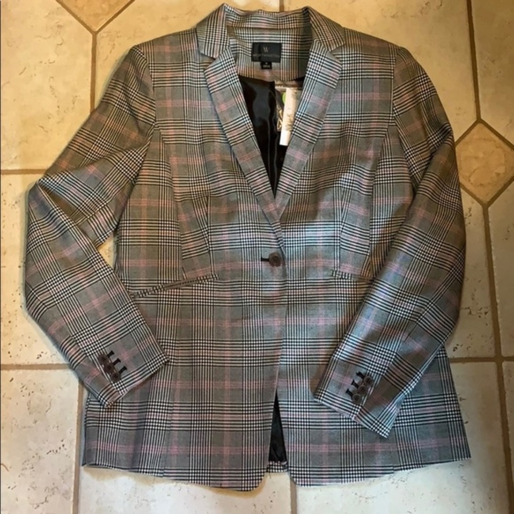 Grey Black White and Pink Plaid Style Blazer